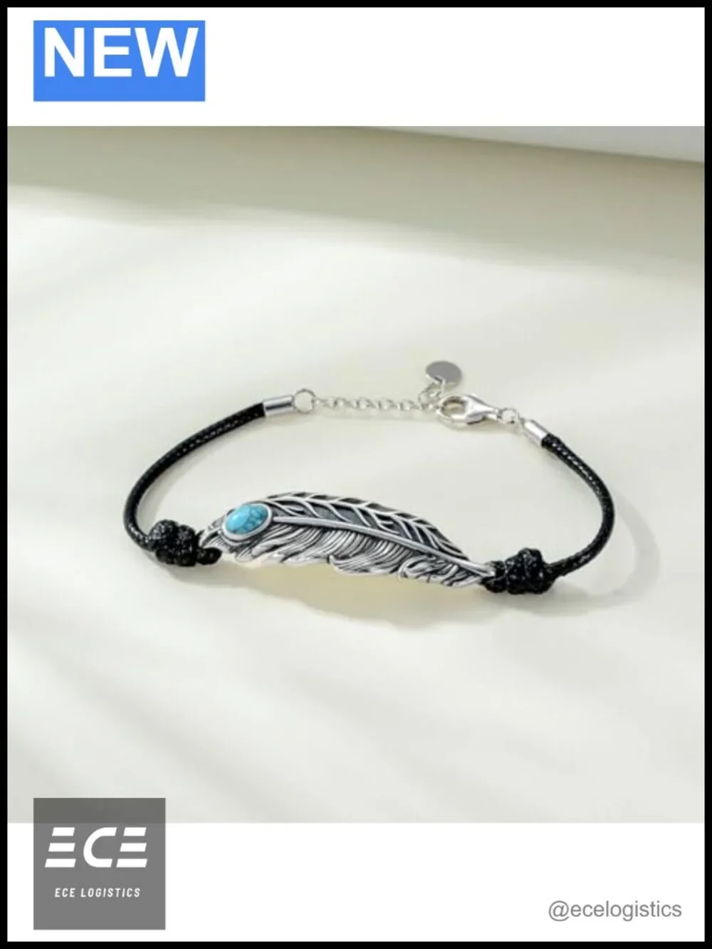 925 Sterling Silver Feather Turquoise Charm Bracelet Adjustable 7+1 Inch